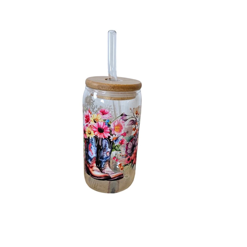 Flower Sipper Cup Wooden Lid Glass Straw  8 oz. New